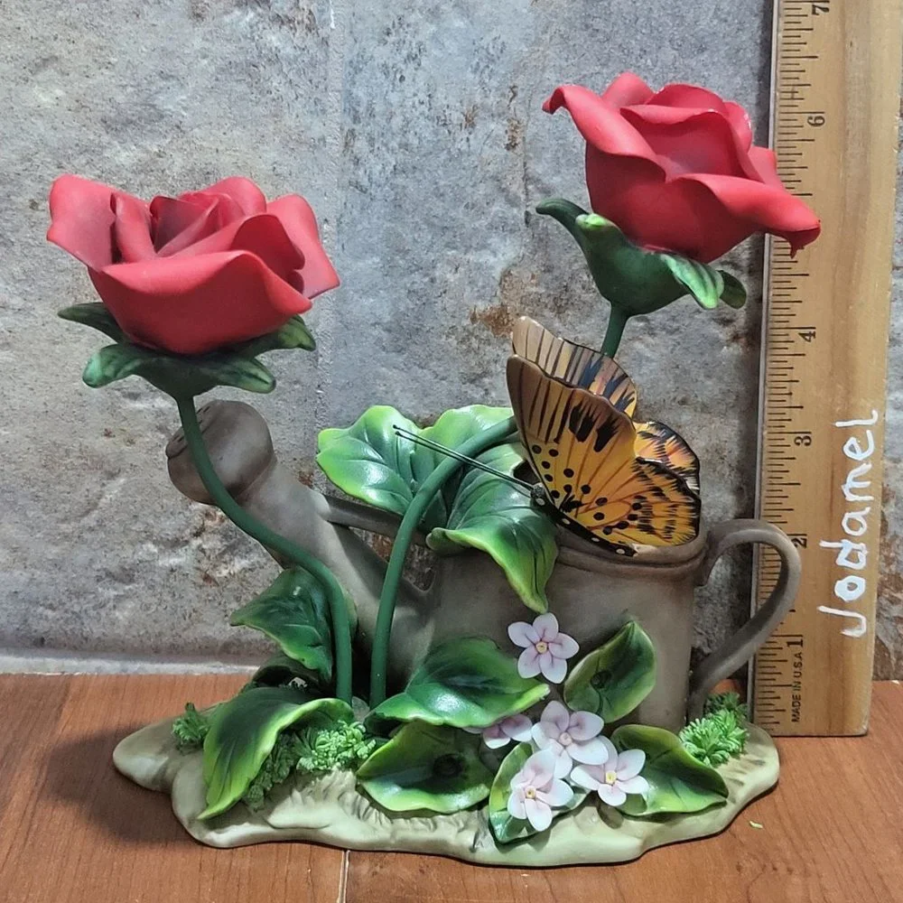 Butterfly and Roses Watering Can Planter Figurine Decor